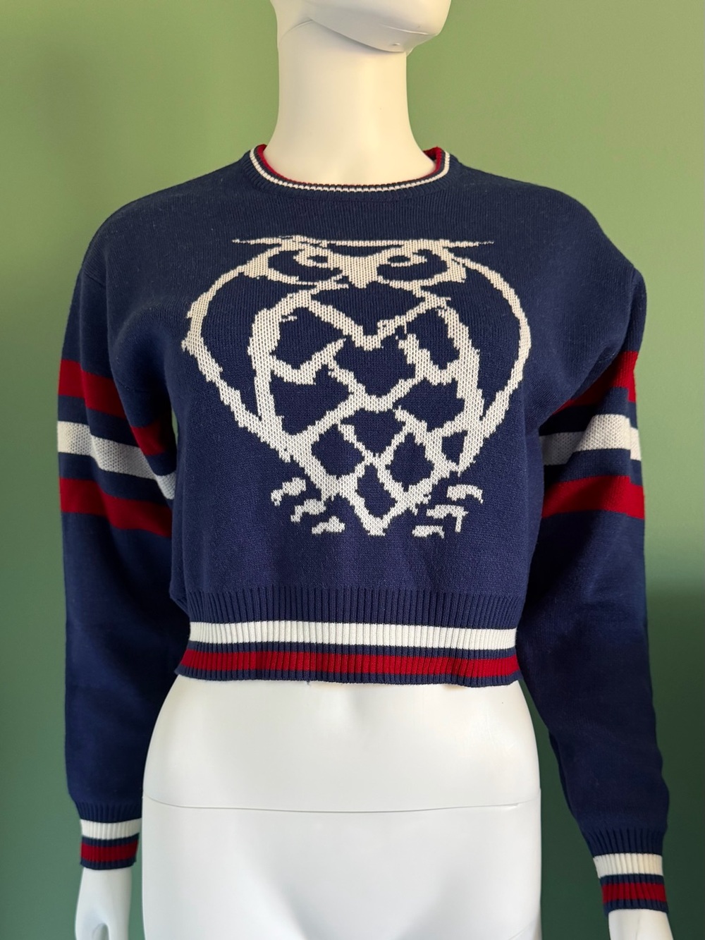 Shinesty Navy Blue Cropped Owl Graphic Varsity Style Sweater
